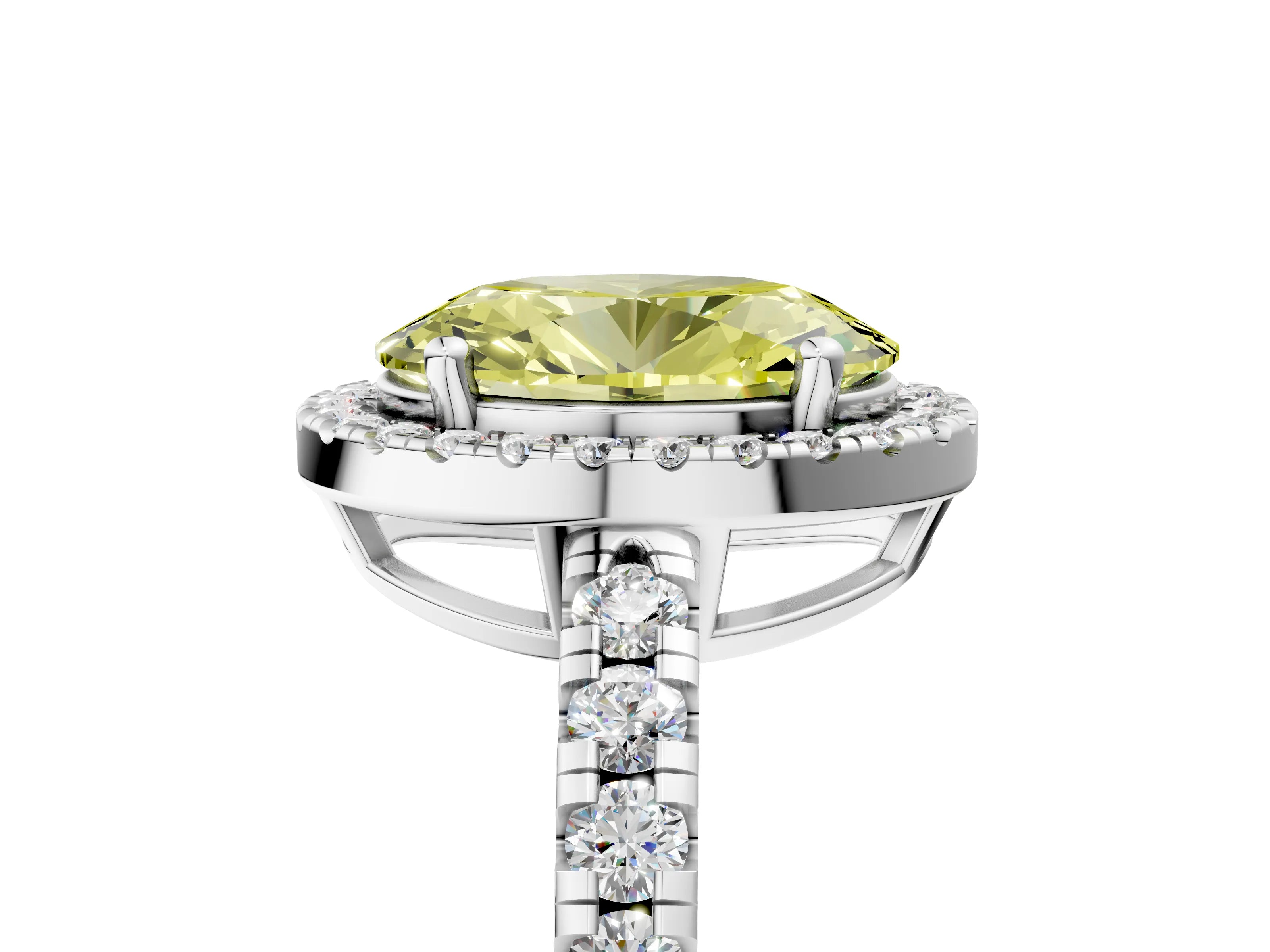 White gold Fancy Yellow Oval Cut Diamond Halo Ring with Pavé Band and Four-Prong Setting_17