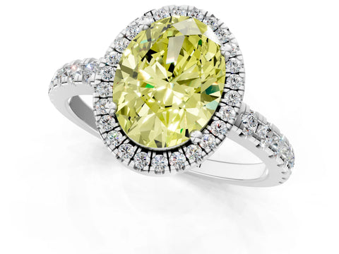 White gold Fancy Yellow Oval Cut Diamond Halo Ring with Pavé Band and Four-Prong Setting_1