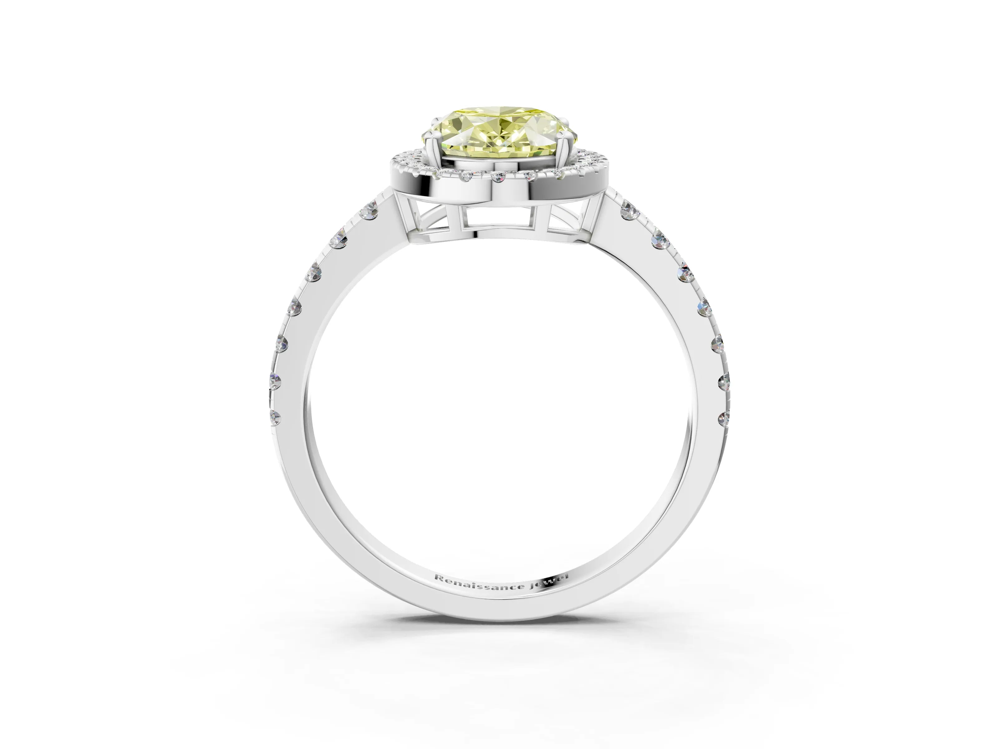 White gold Fancy Yellow Oval Cut Diamond Halo Ring with Pavé Band and Four-Prong Setting_3