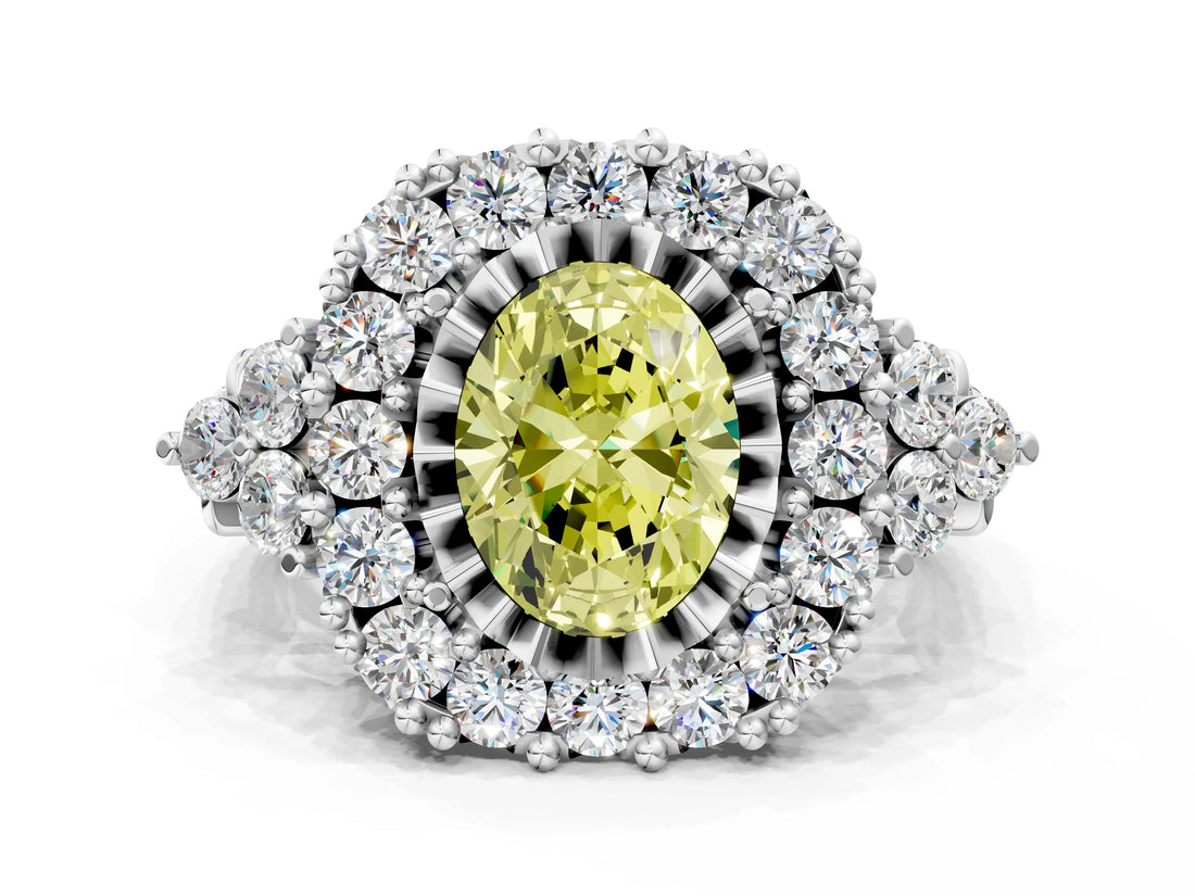 White gold Fancy Yellow Oval Cut Diamond Halo Ring with Pavé Band and Four-Prong Setting_53