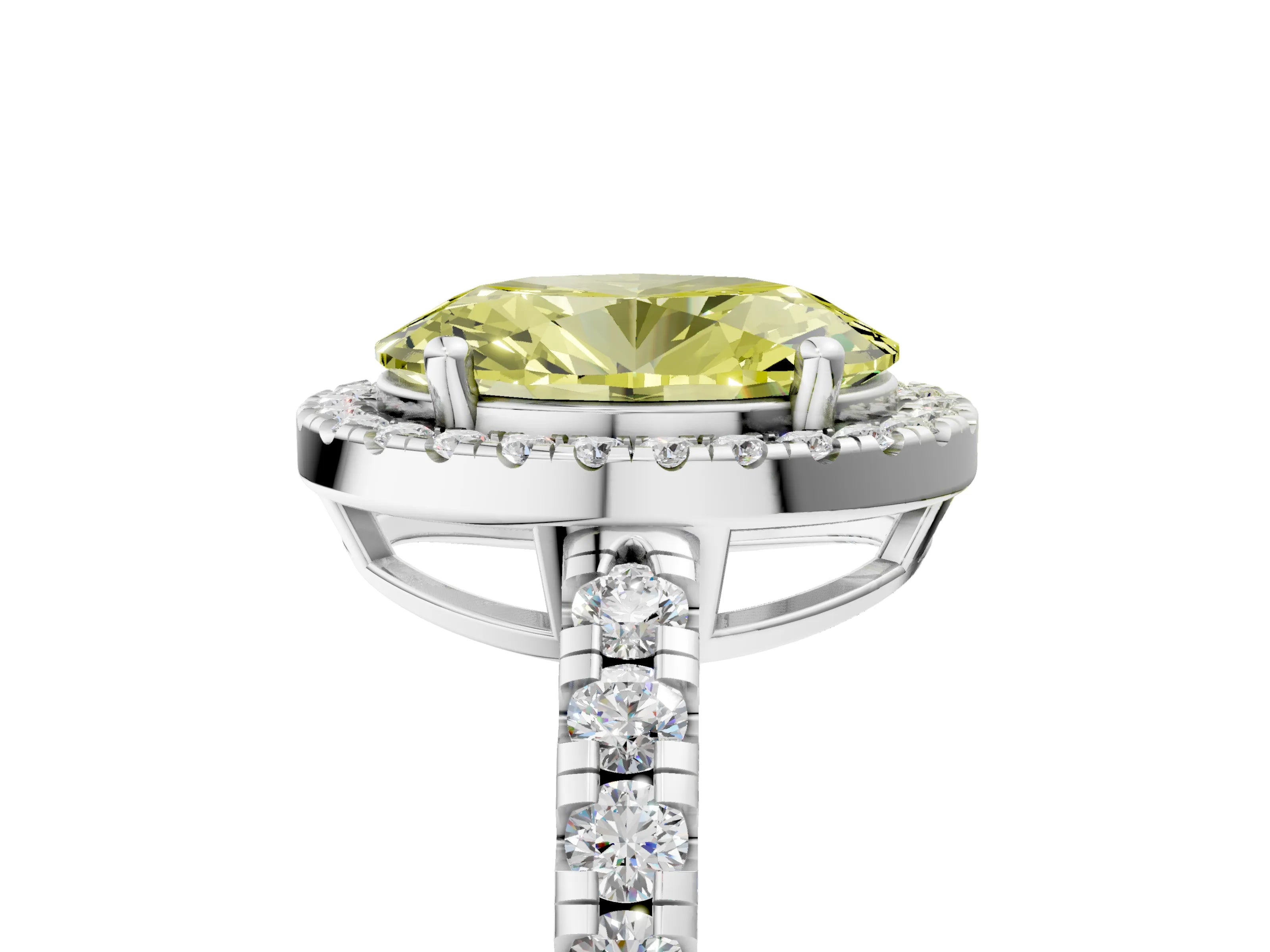 White gold Fancy Yellow Oval Cut Diamond Halo Ring with Pavé Band and Four-Prong Setting_5