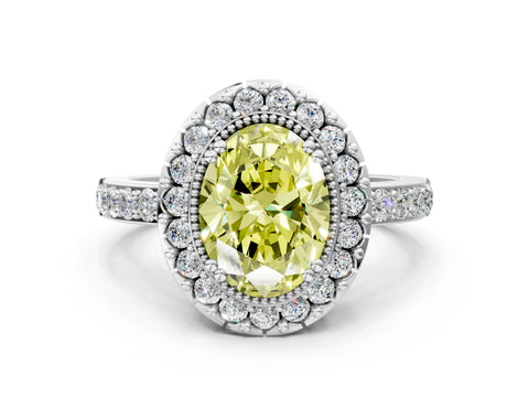 White gold Fancy Yellow Oval Cut Diamond Halo Ring with Pavé Band and Prong Setting_12
