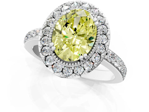 White gold Fancy Yellow Oval Cut Diamond Halo Ring with Pavé Band and Prong Setting_13