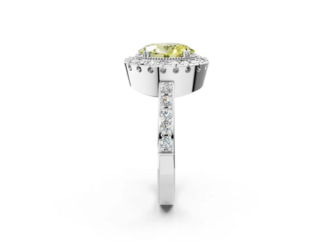White gold Fancy Yellow Oval Cut Diamond Halo Ring with Pavé Band and Prong Setting_14