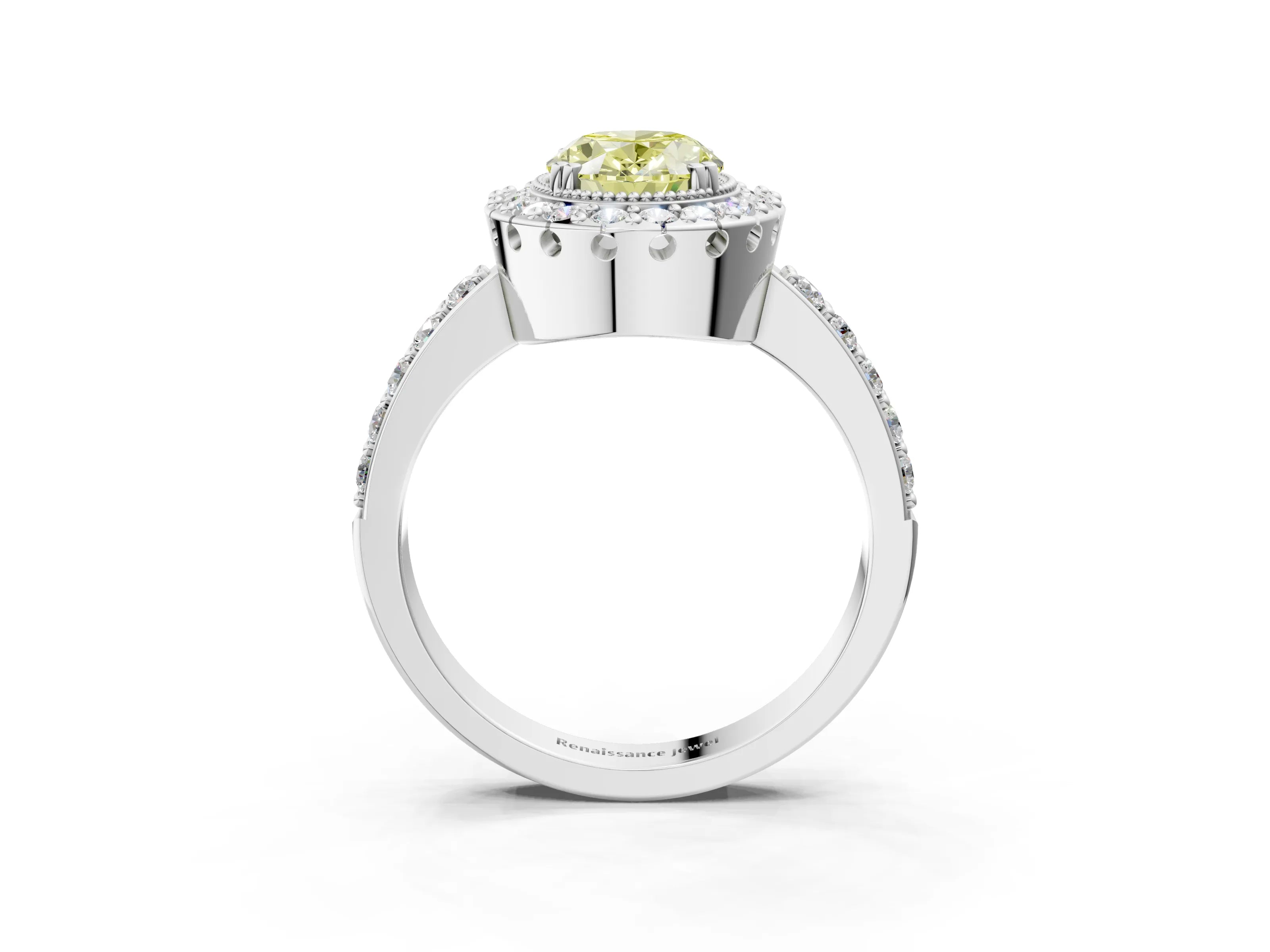White gold Fancy Yellow Oval Cut Diamond Halo Ring with Pavé Band and Prong Setting_15