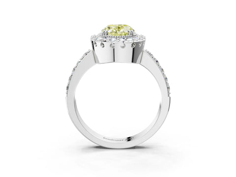 White gold Fancy Yellow Oval Cut Diamond Halo Ring with Pavé Band and Prong Setting_15