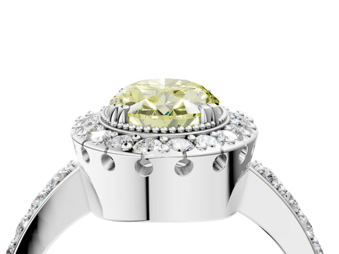 White gold Fancy Yellow Oval Cut Diamond Halo Ring with Pavé Band and Prong Setting_16