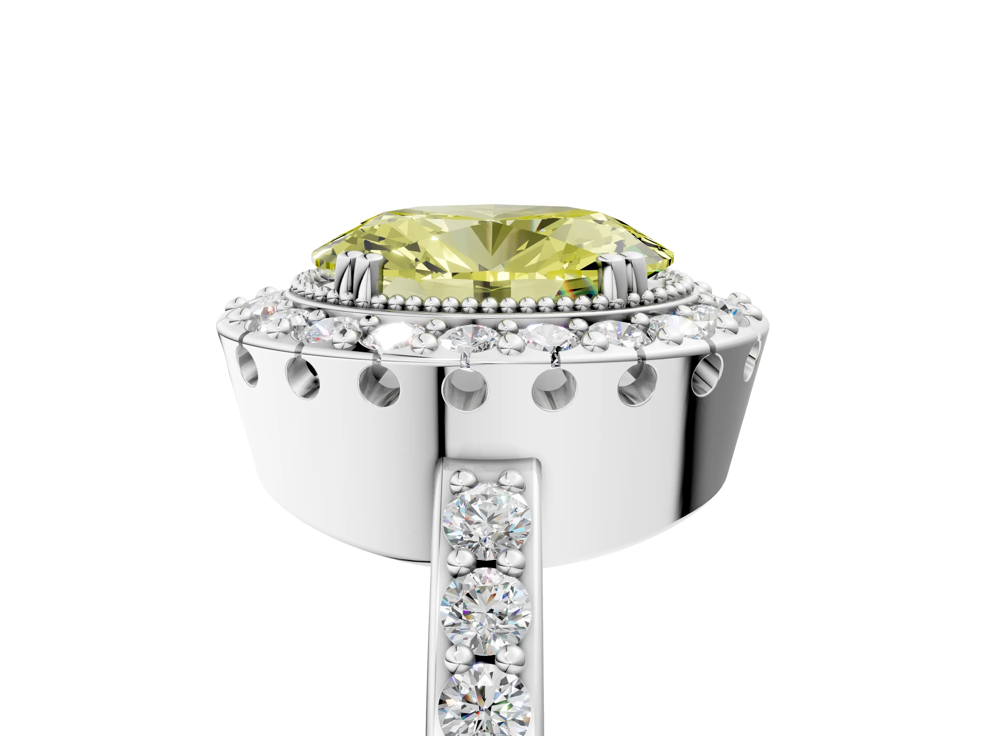 White gold Fancy Yellow Oval Cut Diamond Halo Ring with Pavé Band and Prong Setting_17