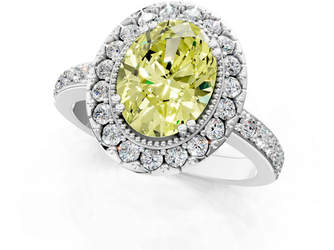 White gold Fancy Yellow Oval Cut Diamond Halo Ring with Pavé Band and Prong Setting_1