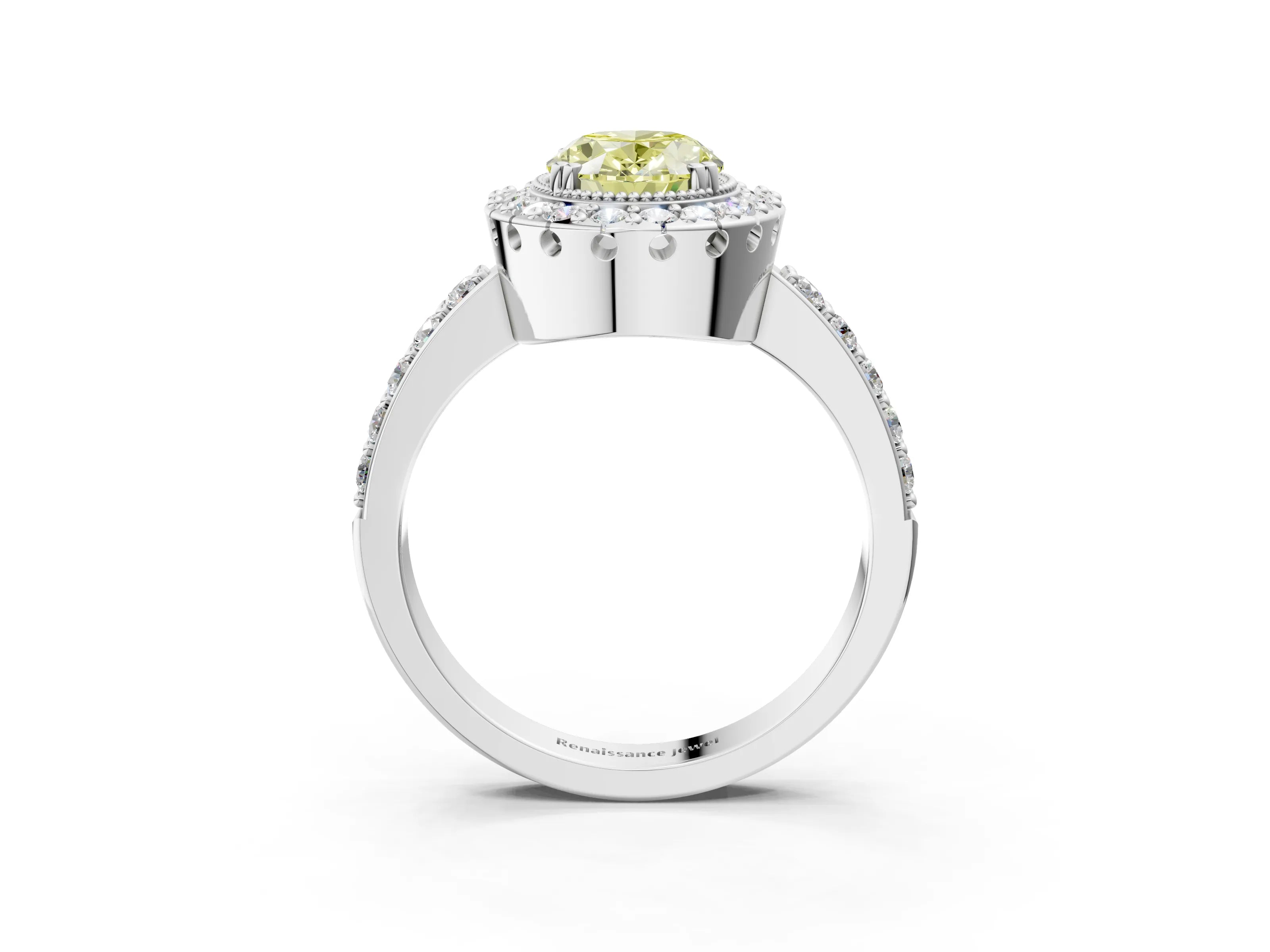 White gold Fancy Yellow Oval Cut Diamond Halo Ring with Pavé Band and Prong Setting_3
