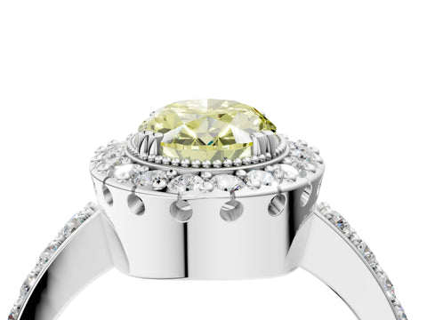 White gold Fancy Yellow Oval Cut Diamond Halo Ring with Pavé Band and Prong Setting_4