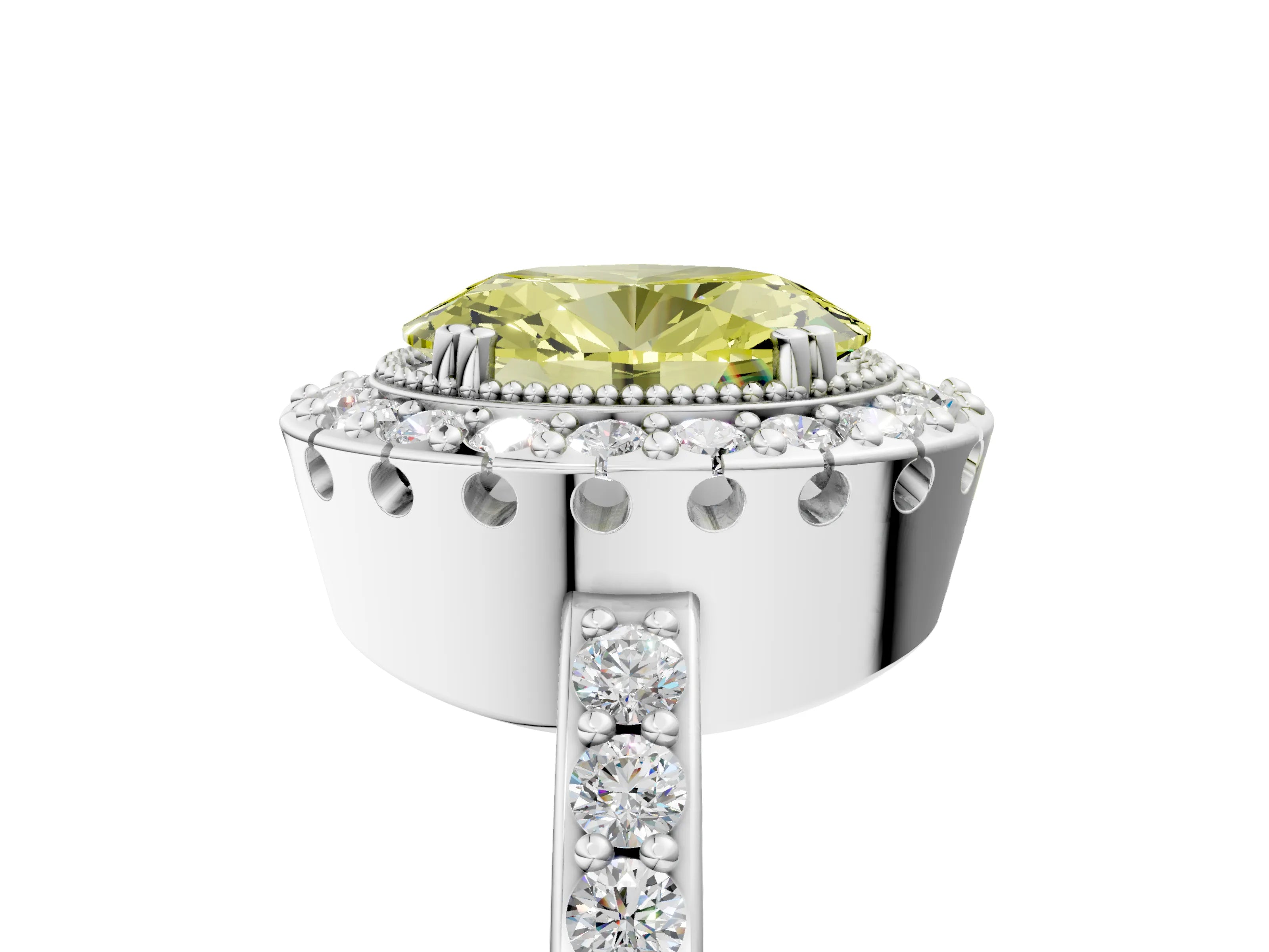 White gold Fancy Yellow Oval Cut Diamond Halo Ring with Pavé Band and Prong Setting_5