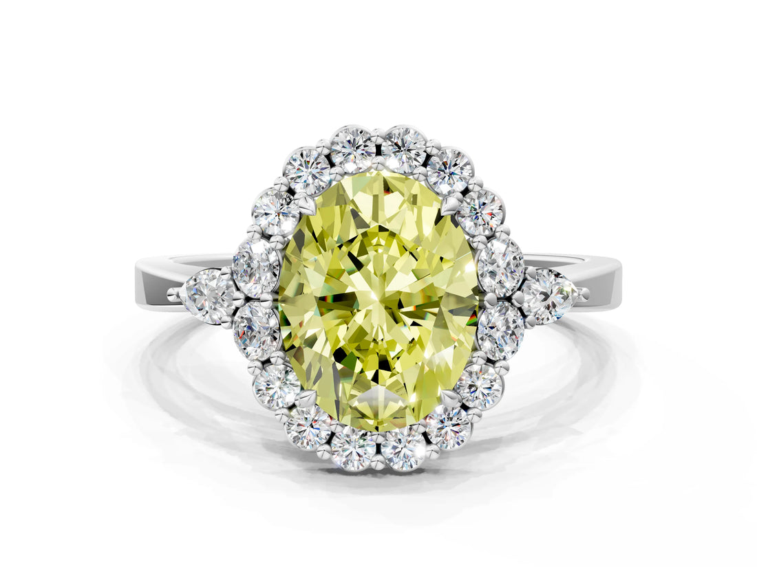 White gold Fancy Yellow Oval Cut Diamond Halo Ring with Pear Side Stones and Prong Setting_90