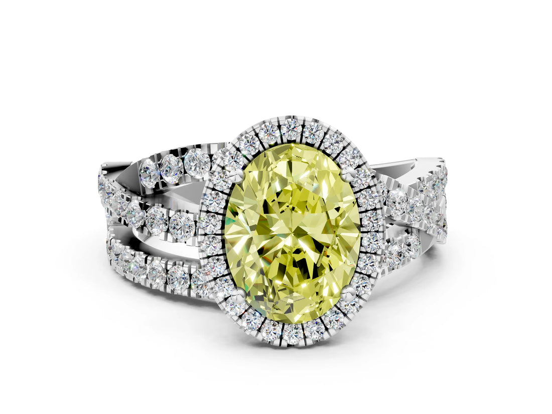 White gold Fancy Yellow Oval Cut Diamond Halo Ring with Round Split Shank and Prong Setting_74