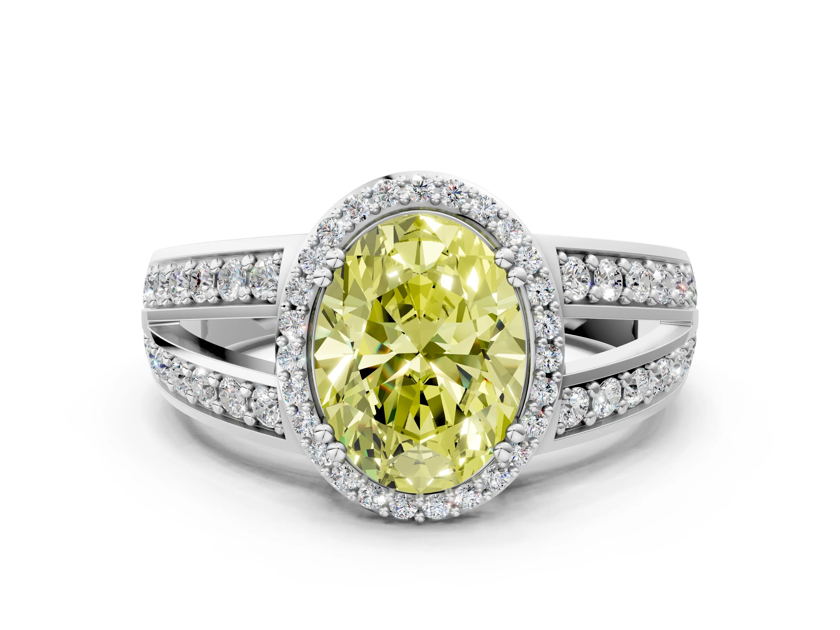 White gold Fancy Yellow Oval Cut Diamond Halo Ring with Split Shank Pavé Band and Four-Prong Setting_12