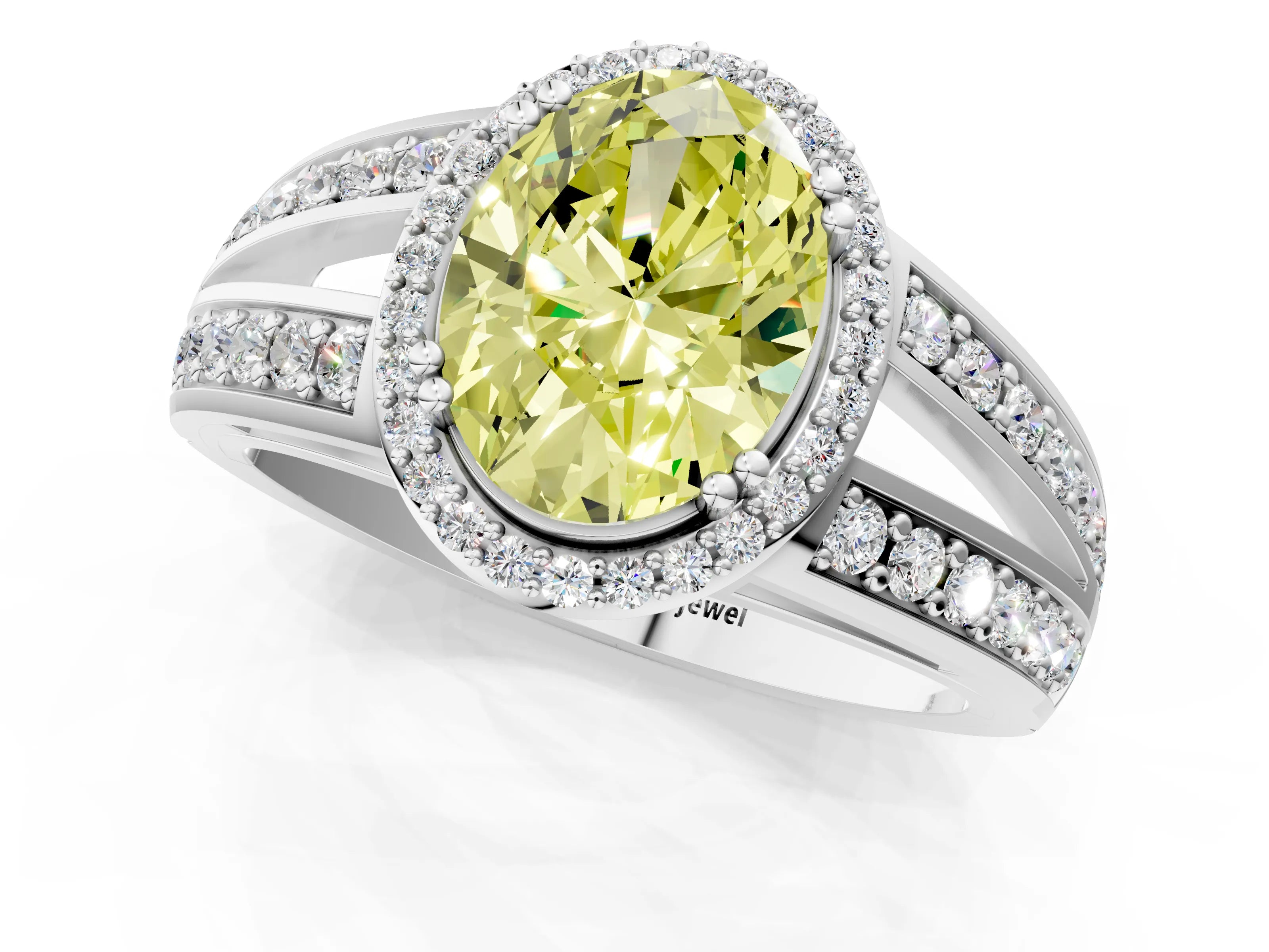 White gold Fancy Yellow Oval Cut Diamond Halo Ring with Split Shank Pavé Band and Four-Prong Setting_13