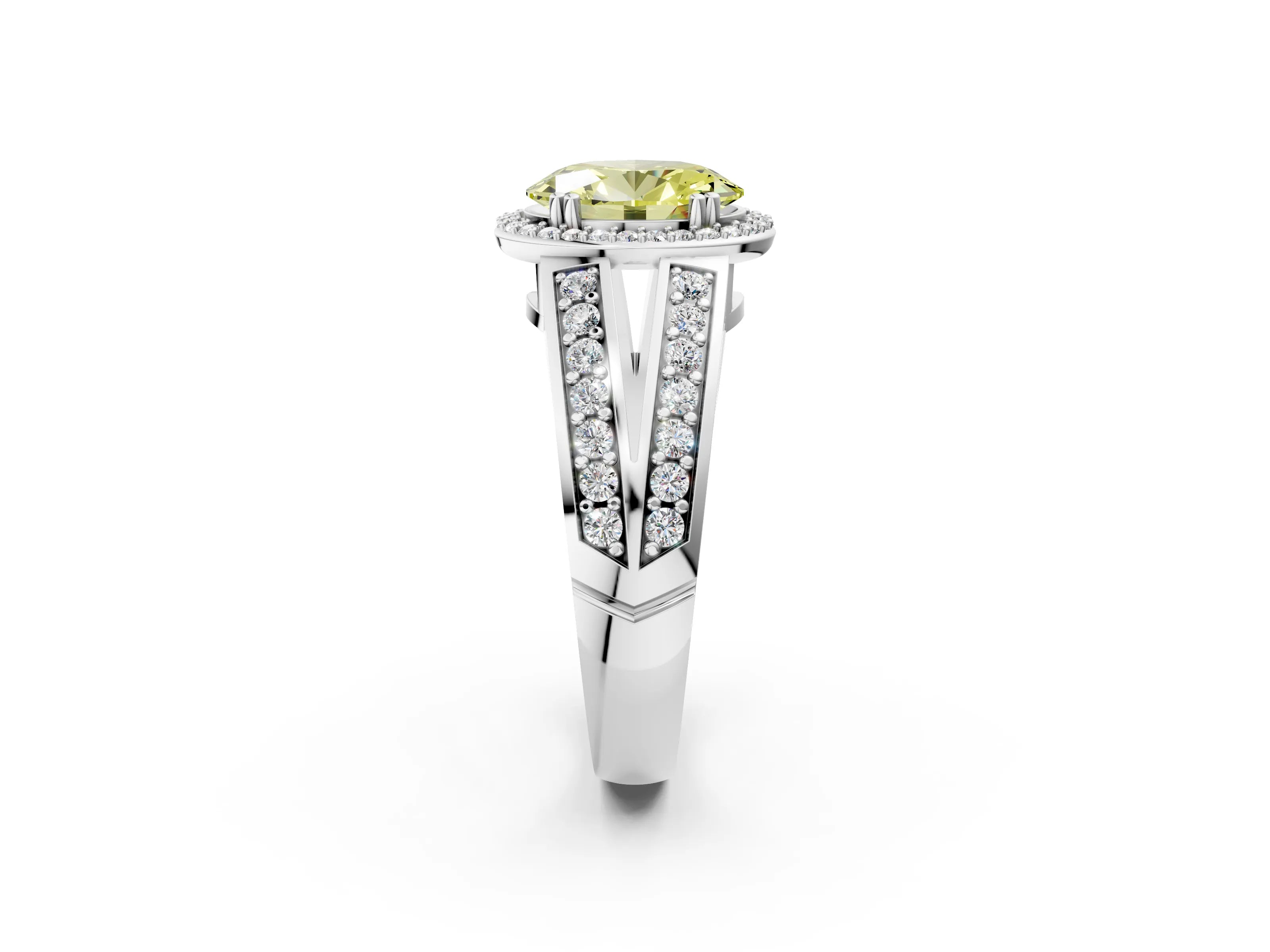 White gold Fancy Yellow Oval Cut Diamond Halo Ring with Split Shank Pavé Band and Four-Prong Setting_14