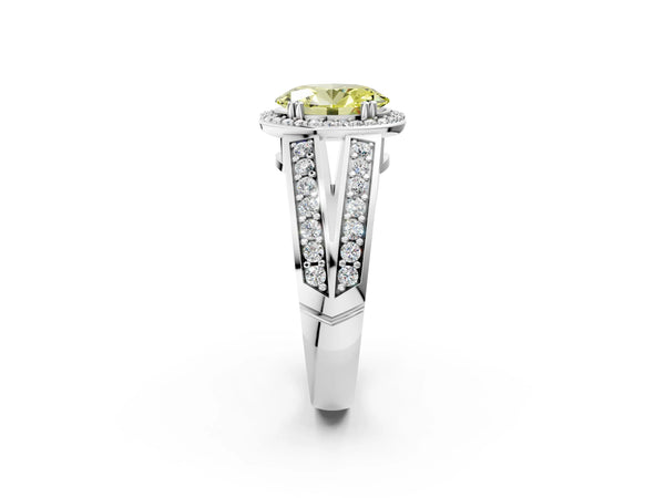 White gold Fancy Yellow Oval Cut Diamond Halo Ring with Split Shank Pavé Band and Four-Prong Setting