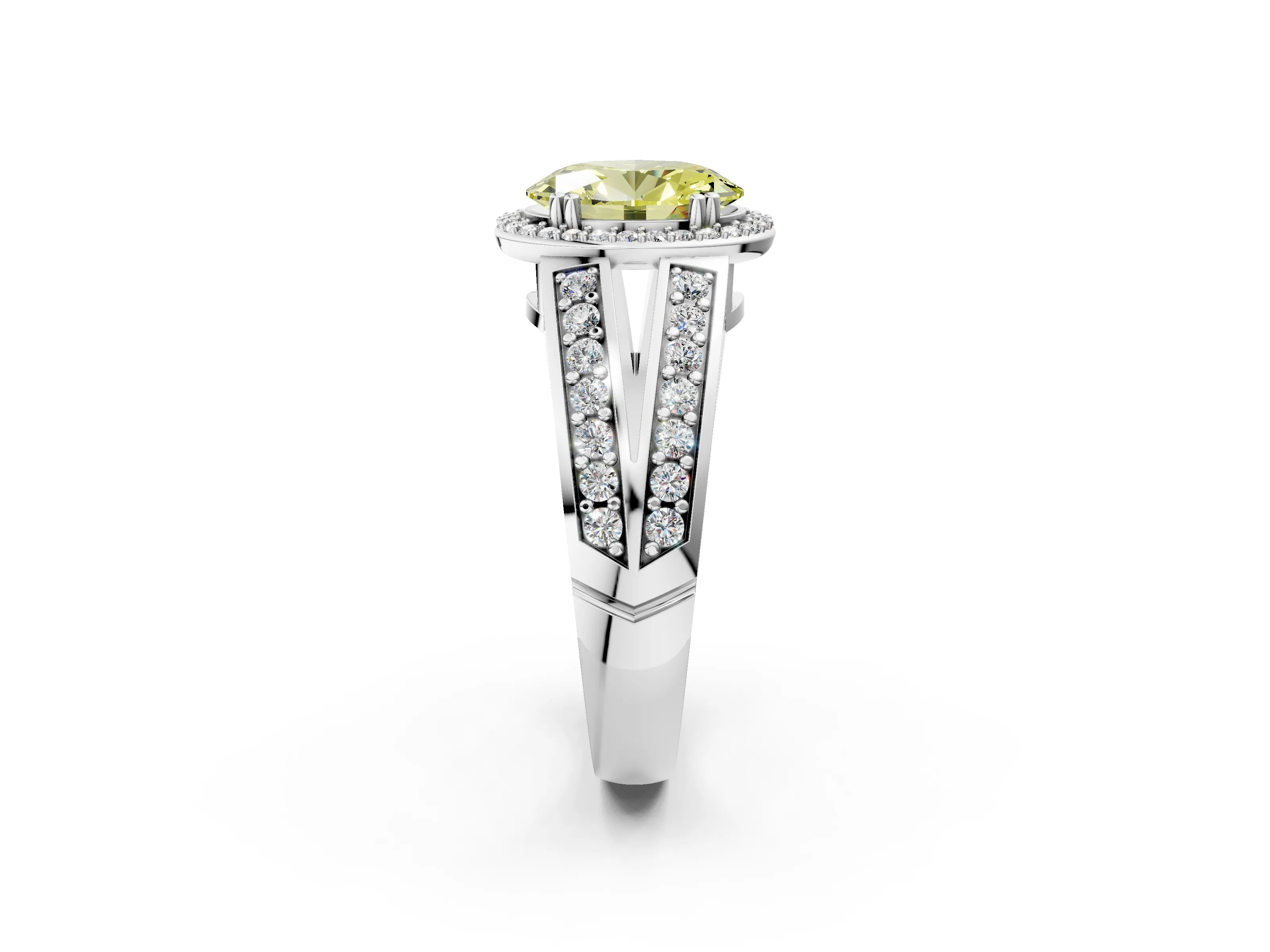 White gold Fancy Yellow Oval Cut Diamond Halo Ring with Split Shank Pavé Band and Four-Prong Setting_2