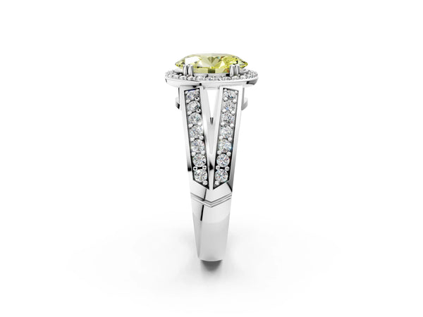 White gold Fancy Yellow Oval Cut Diamond Halo Ring with Split Shank Pavé Band and Four-Prong Setting