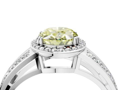 White gold Fancy Yellow Oval Cut Diamond Halo Ring with Split Shank Pavé Band and Four-Prong Setting_4