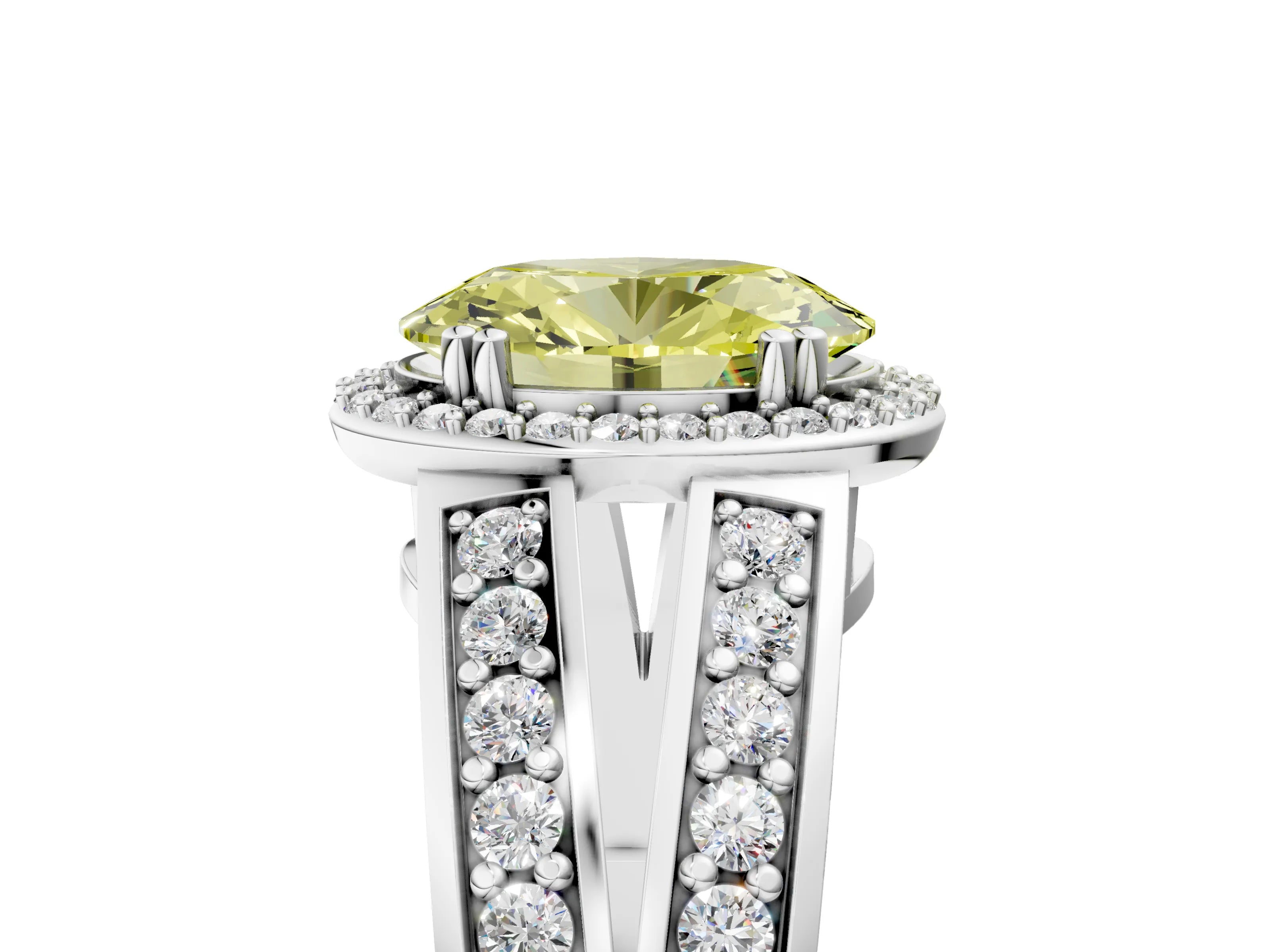 White gold Fancy Yellow Oval Cut Diamond Halo Ring with Split Shank Pavé Band and Four-Prong Setting_5