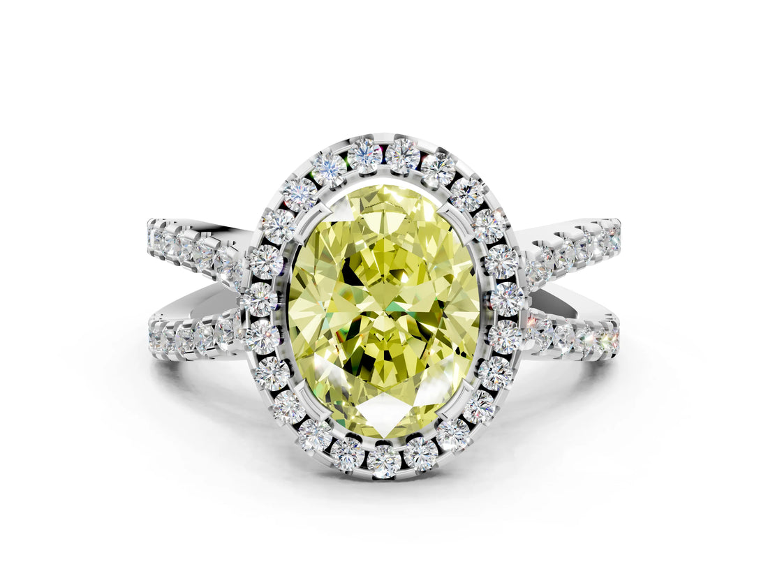 White gold Fancy Yellow Oval Cut Diamond Halo Ring with Split Shank Pavé Band and Prong Setting_80