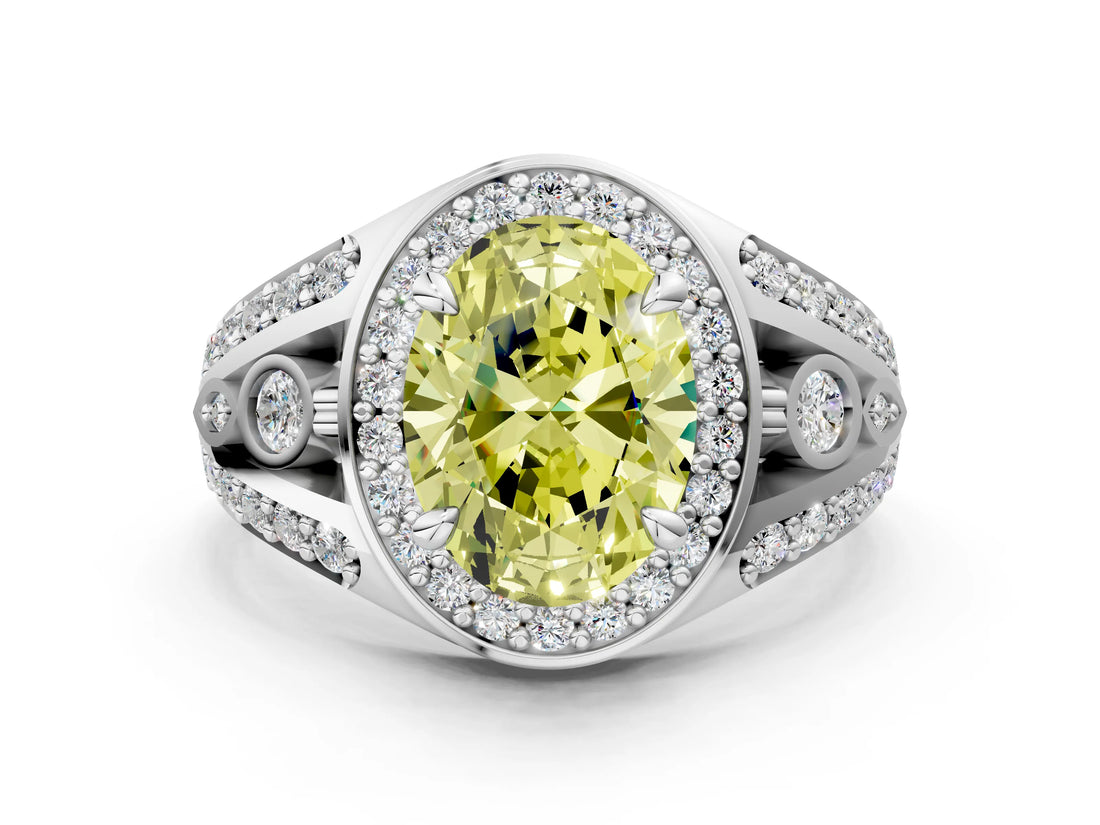 White gold Fancy Yellow Oval Cut Diamond Halo Ring with Split Shank and Bezel Accents and Four-Prong Setting