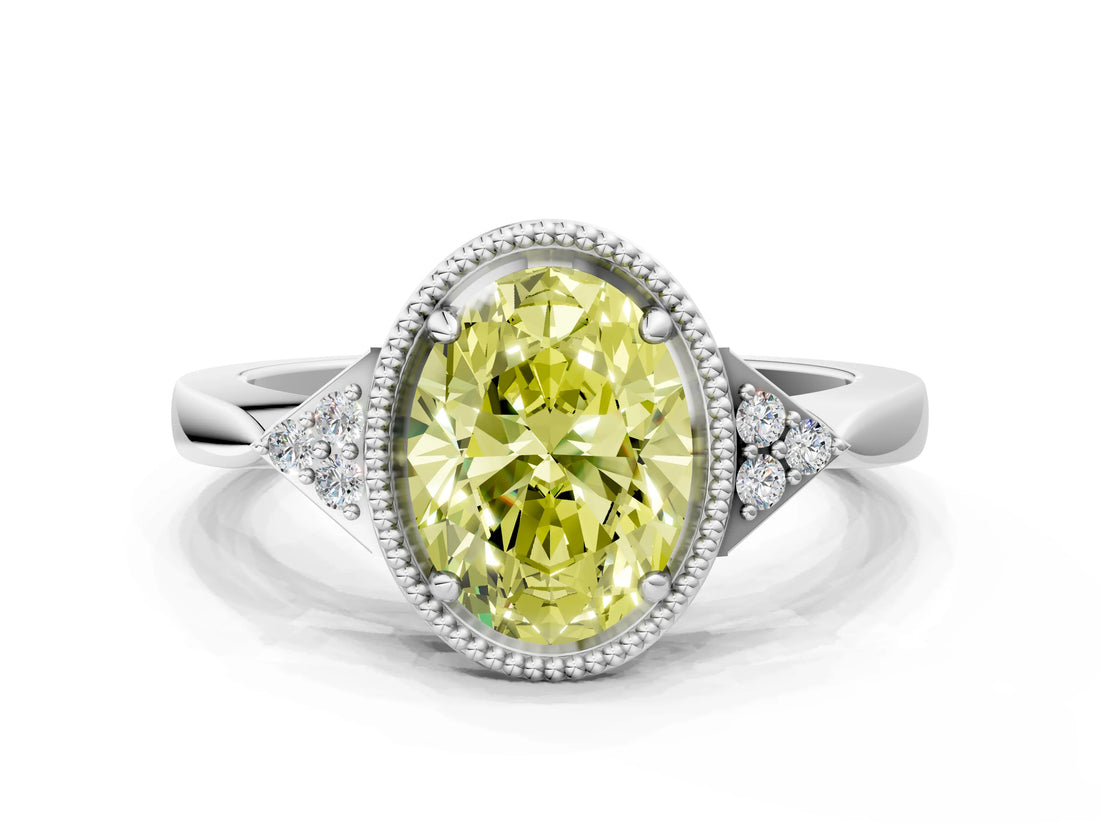 White gold Fancy Yellow Oval Cut Diamond Halo Ring with Tapered Band and Four-Prong Setting_31