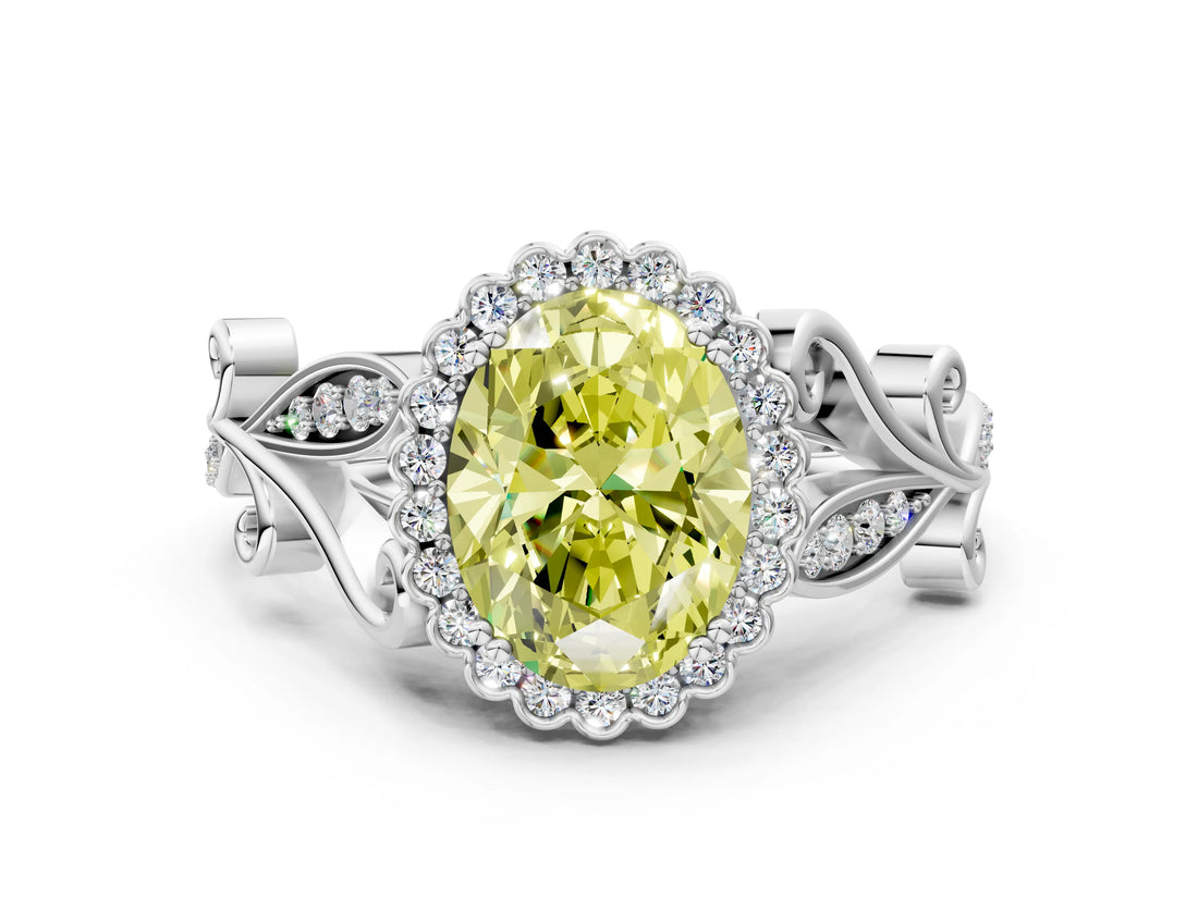 White gold Fancy Yellow Oval Cut Diamond Halo Ring with Vintage Split Shank and Four-Prong Setting_97
