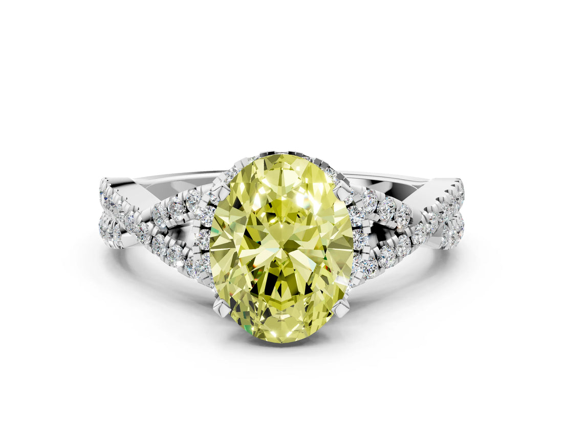 White gold Fancy Yellow Oval Cut Diamond  Halo Twist Band Solitaire Prong Setting Ring_49
