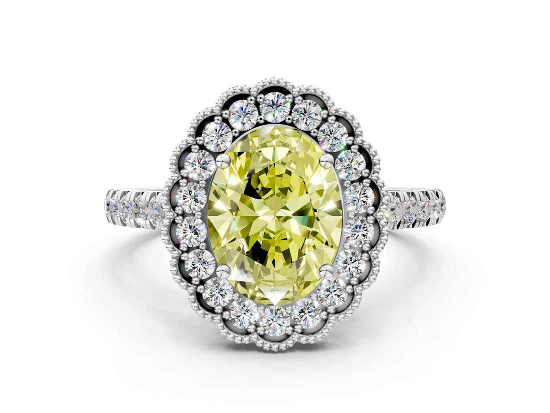 White gold Fancy Yellow Oval  Cut Diamond Milgrain Floral Halo Engagement Ring with Pavé Band_15