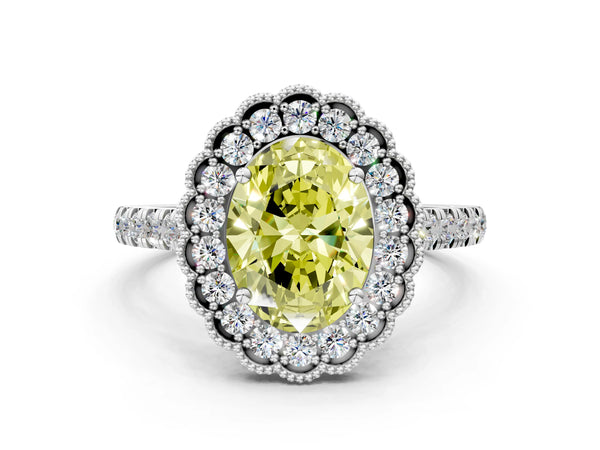 Platinum Fancy Yellow Oval  Cut Diamond Milgrain Floral Halo Engagement Ring with Pavé Band