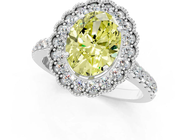 Platinum Fancy Yellow Oval  Cut Diamond Milgrain Floral Halo Engagement Ring with Pavé Band