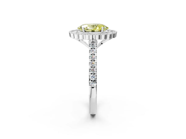 Platinum Fancy Yellow Oval  Cut Diamond Milgrain Floral Halo Engagement Ring with Pavé Band
