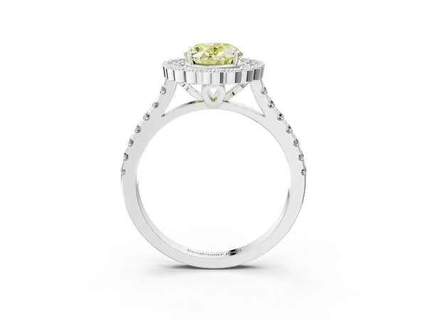 Platinum Fancy Yellow Oval  Cut Diamond Milgrain Floral Halo Engagement Ring with Pavé Band