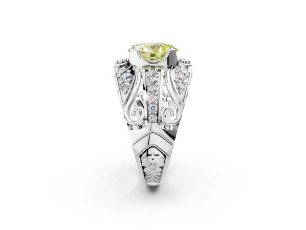 White gold Fancy Yellow Oval Cut Diamond Pave Art Deco Split Shank Ring with Four-Prong Setting