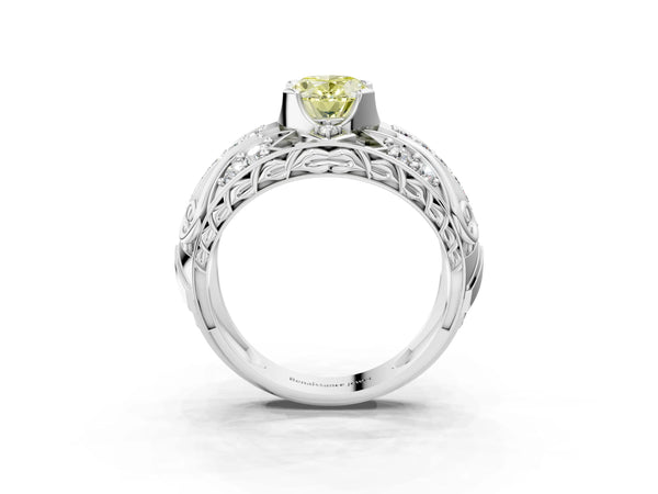 White gold Fancy Yellow Oval Cut Diamond Pave Art Deco Split Shank Ring with Four-Prong Setting