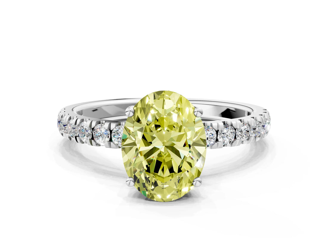 White gold Fancy Yellow Oval Cut Diamond Pave Band Solitaire Ring with Round  and Prong Setting_130