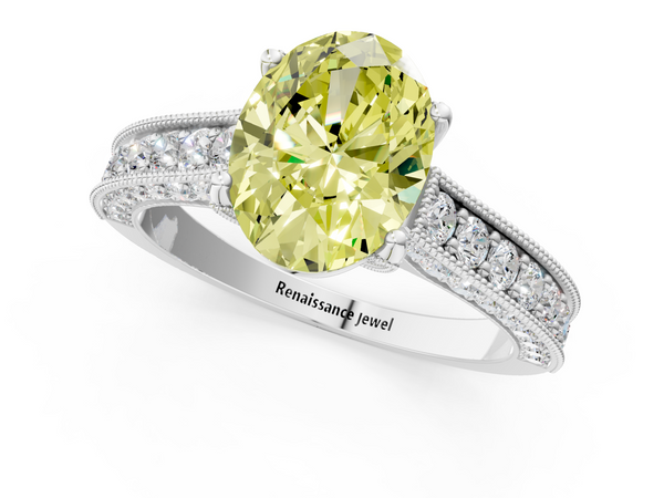 White gold Fancy Yellow Oval  Cut Diamond Solitaire Ring with Milgrain Pave Band and Four Prong Setting