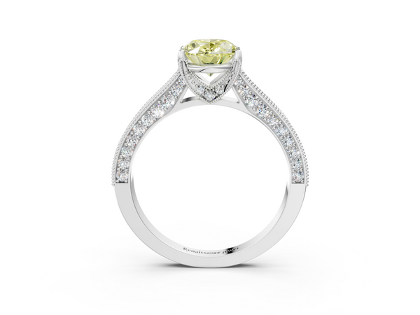 White gold Fancy Yellow Oval  Cut Diamond Solitaire Ring with Milgrain Pave Band and Four Prong Setting