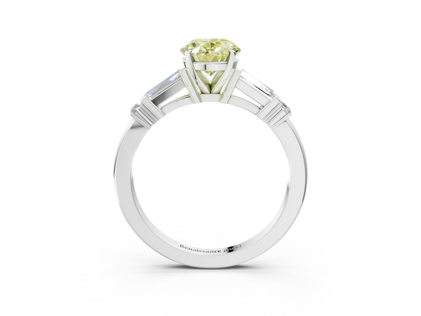 Platinum Fancy Yellow Oval  Cut Diamond Ring with Baguette Side Stones, Channel Set Band, and Four-Prong Setting