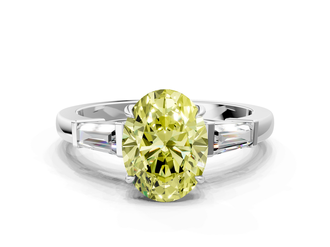White gold Fancy Yellow Oval  Cut Diamond Ring with Tapered Baguette Side Stones in Four-Prong Setting_3