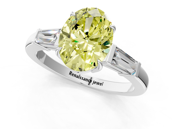 White gold Fancy Yellow Oval  Cut Diamond Ring with Tapered Baguette Side Stones in Four-Prong Setting