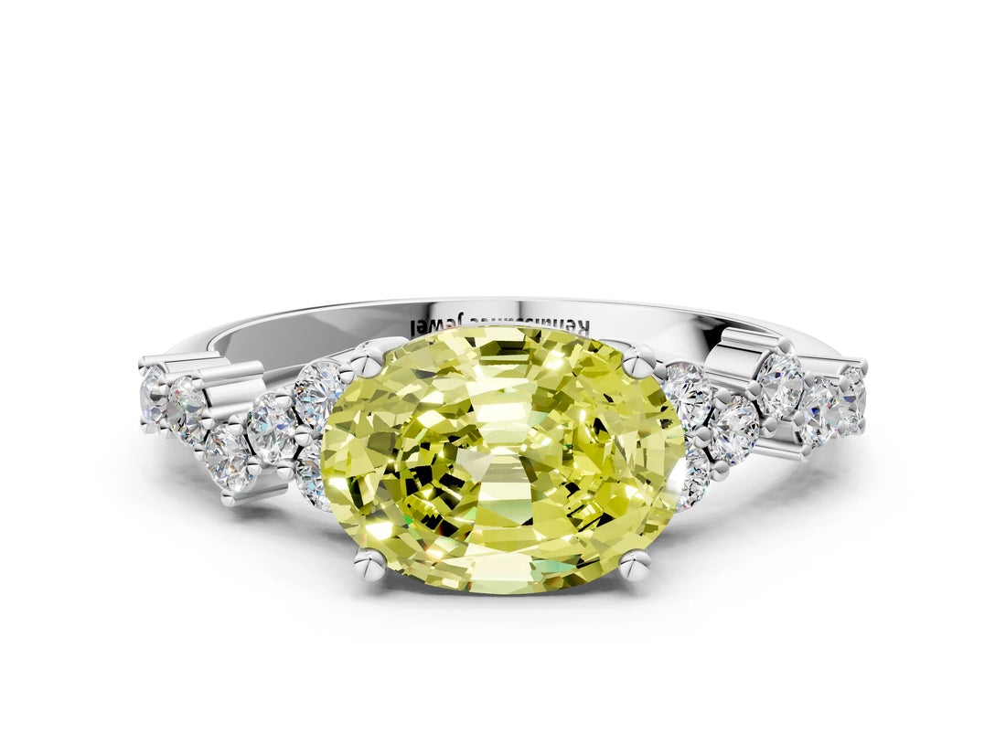 White gold Fancy Yellow Oval Cut Diamond Scattered Round Accent Ring with Prong Setting_12