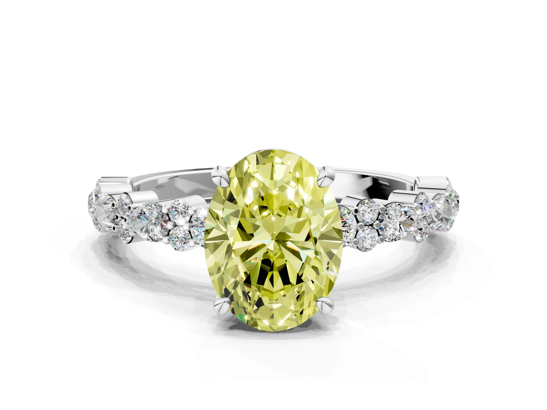 White gold Fancy Yellow Oval Cut Diamond Side Stone Solitaire Ring with Round  and Four-Prong Setting_115