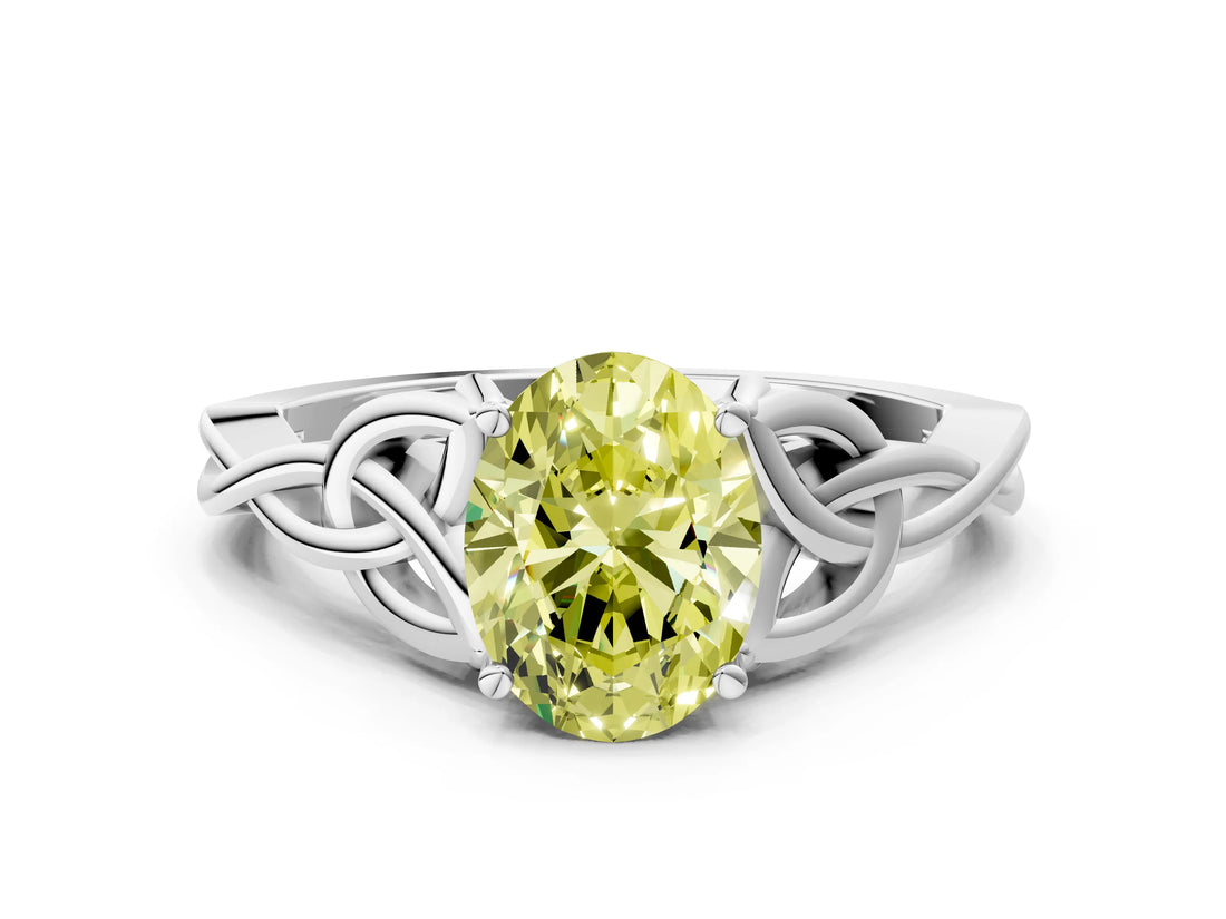 White gold Fancy Yellow Oval Cut Diamond Solitaire Celtic Knot Ring with Four-Prong Setting_87
