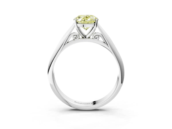 White gold Fancy Yellow Oval Cut Diamond Solitaire Engagement Ring with Cathedral Setting and Four-Prong Mount
