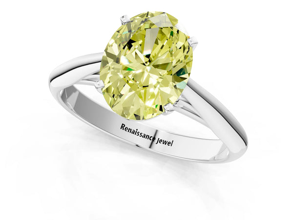 White gold Fancy Yellow Oval Cut Diamond Solitaire Engagement Ring with Cathedral Setting and Four-Prong Mount