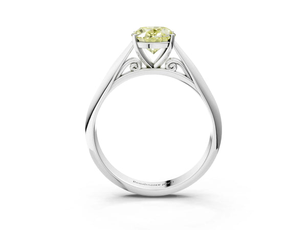 White gold Fancy Yellow Oval Cut Diamond Solitaire Engagement Ring with Cathedral Setting and Four-Prong Mount
